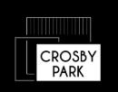 A black and white image of a sign that says Crosby Park.